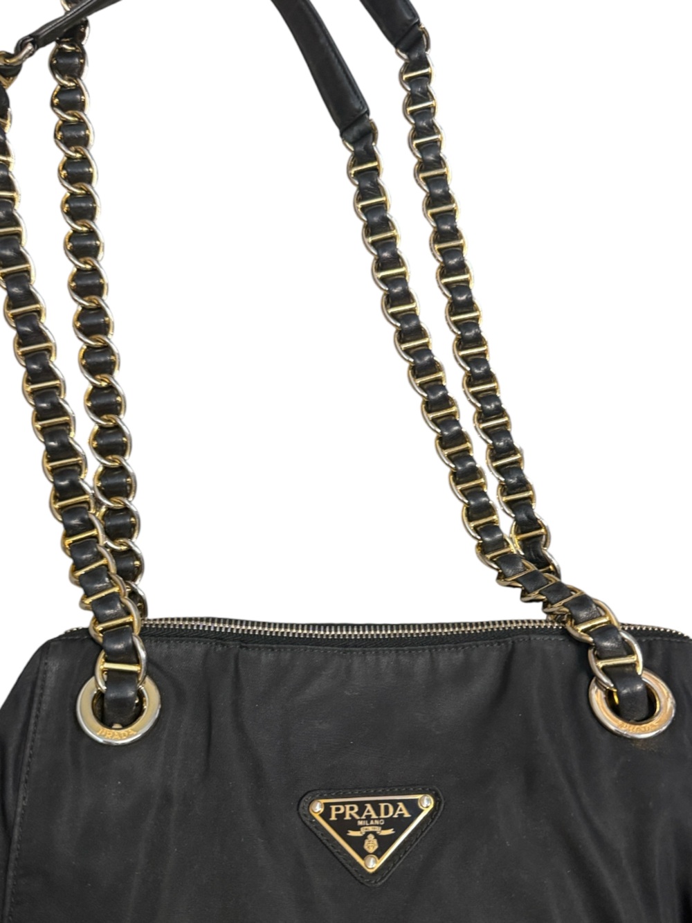 Prada Black Nylon Tote with Gold Chain Straps - Picture 9 of 10